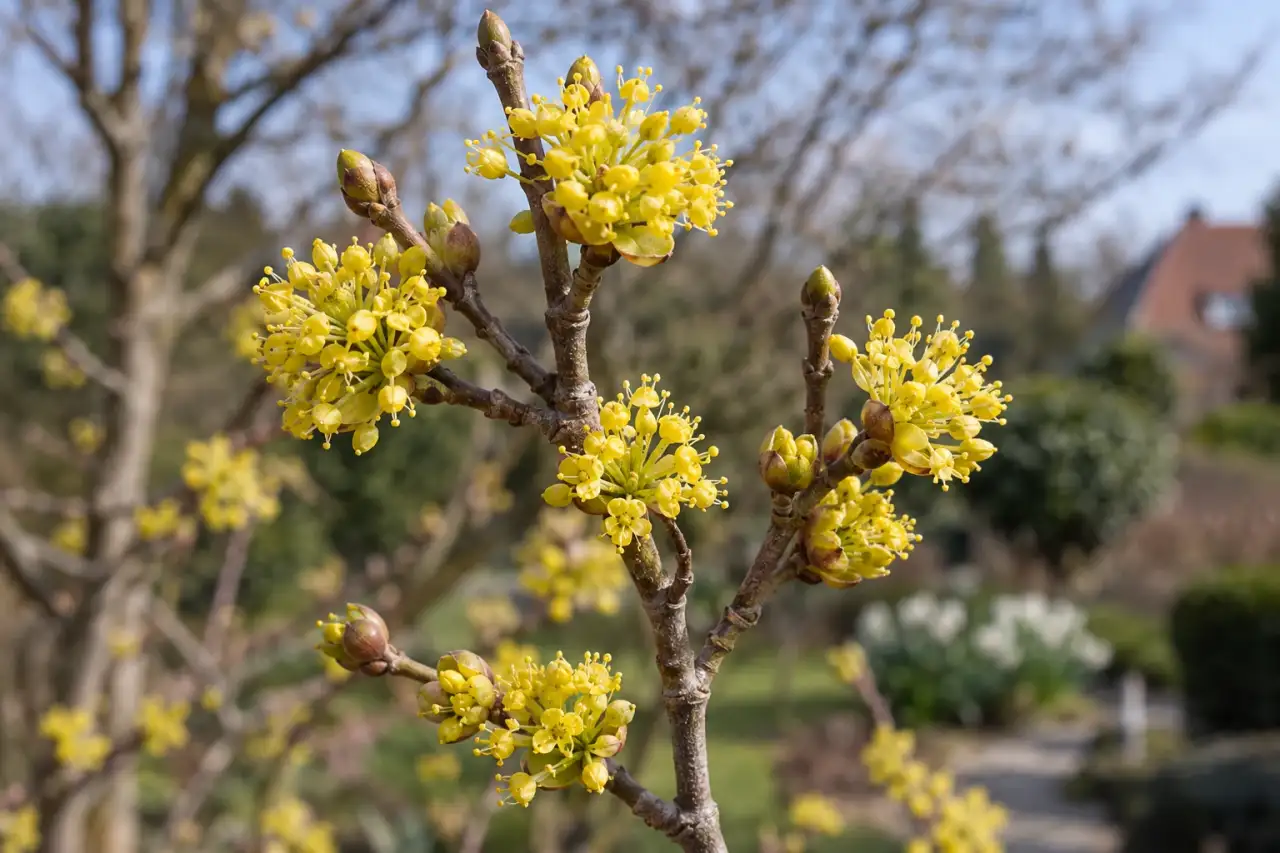 Gelbe Blüten einer Kornelkirsche an kahlen Zweigen
