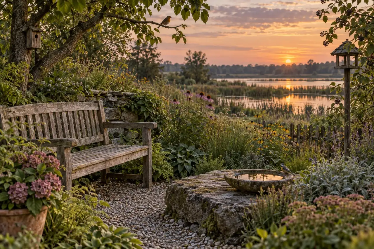 Ruhiger Lieblingsplatz mit Bank, Naturstein und Blick ins Abendgrün