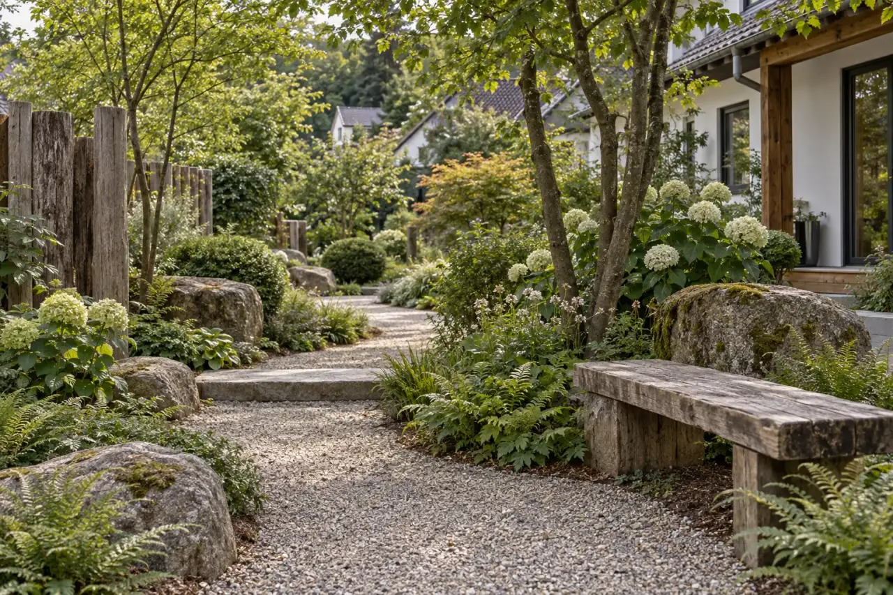 Wiederkehrende Blattgruppen, Holz und Naturstein beruhigen das Gartenbild