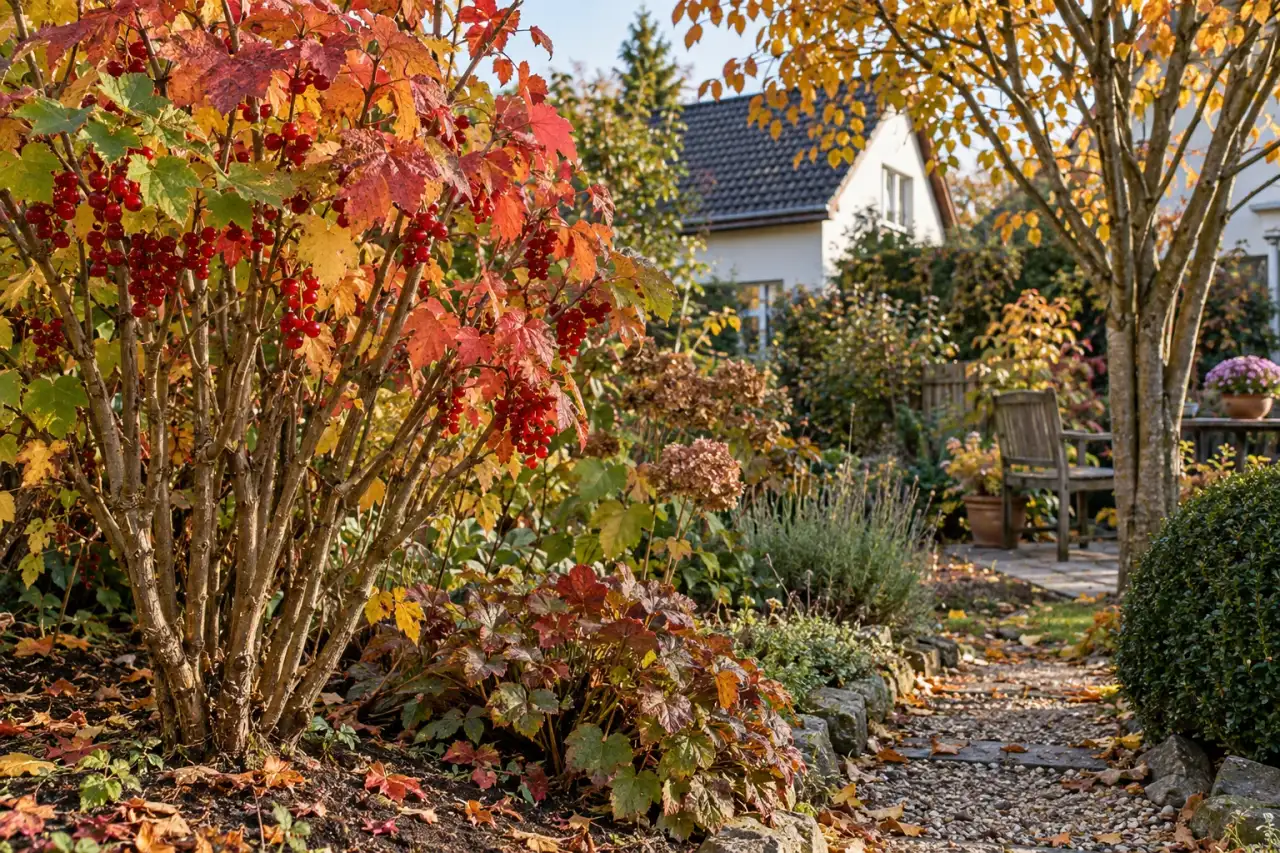 Herbstlaub, Früchte und sichtbare Gehölztriebe zeigen den jahreszeitlichen Wandel