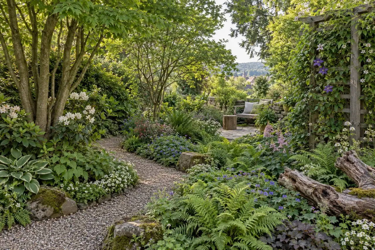 Waldgarten-Gesamtansicht mit Pflanzensaum, Weg, Sitznische, Bodenteppich, Rankgrün und Naturmaterialien