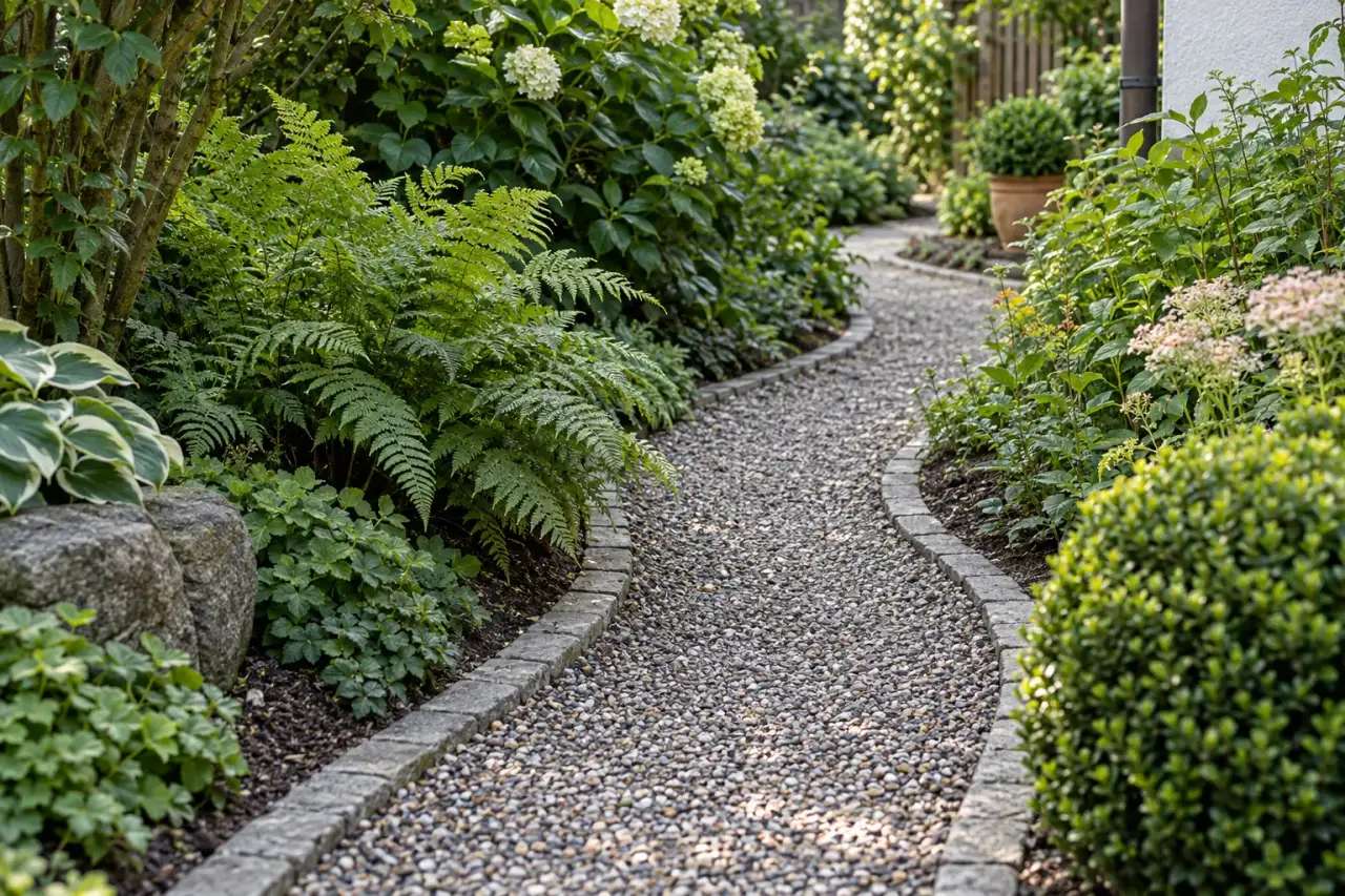 Schmaler geschwungener Gartenweg zwischen weichen Pflanzrändern