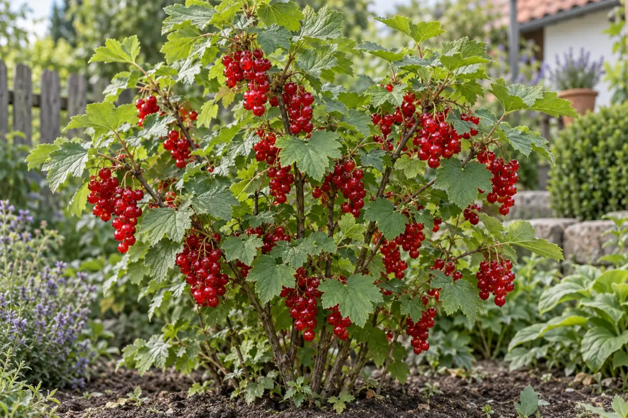 Johannisbeerstrauch mit Laub und sichtbaren Fruchttrauben