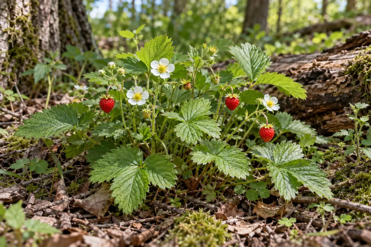 Wald-Erdbeere mit niedrigen Blättern, weißen Blüten und kleinen Früchten