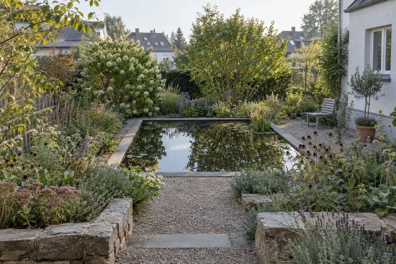 Spiegelnde Wasserfläche mit freier Blickachse zwischen vorhandenen Gartenpflanzen