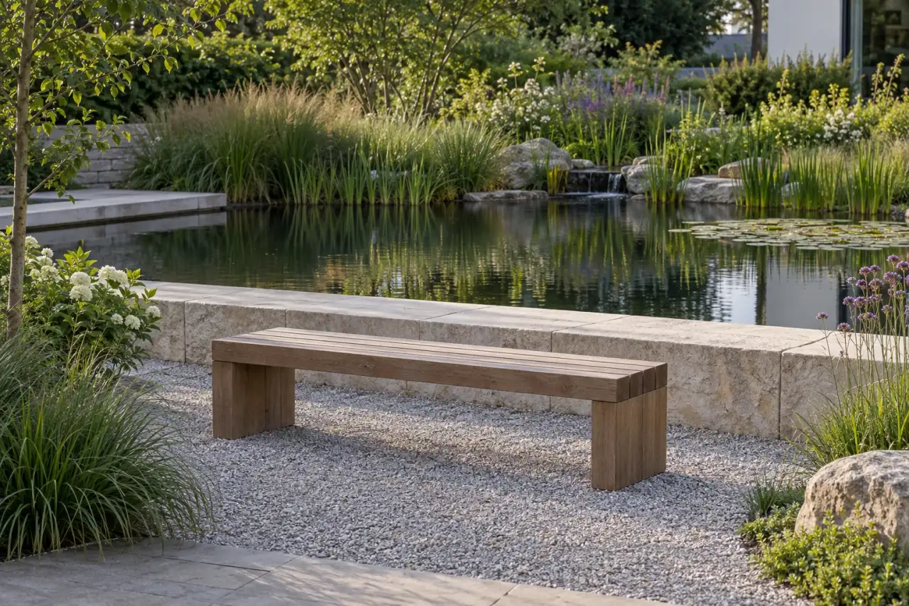 Wasserrand mit ruhigem Kontrast aus Naturstein, Holz und feinen Uferpflanzen