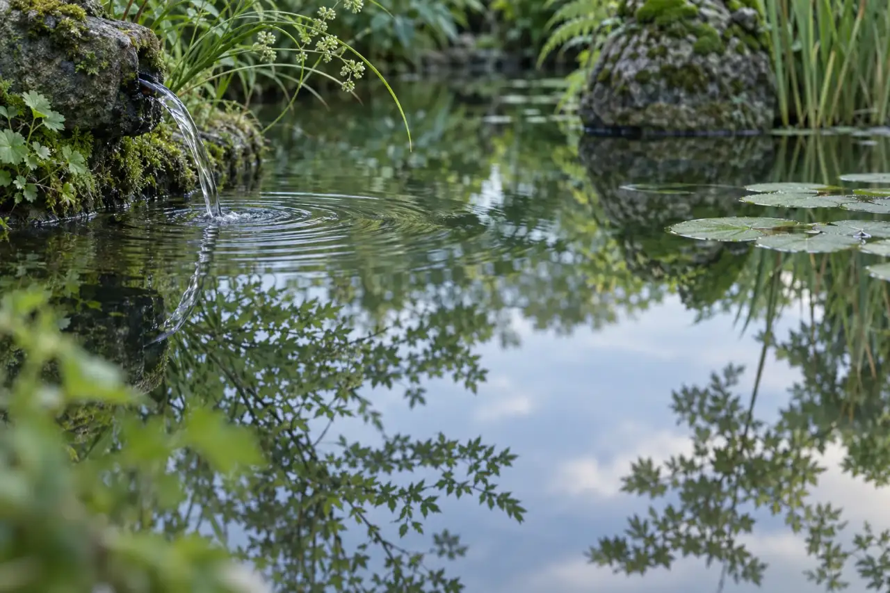 Ruhige Himmelsspiegelung mit sanfter Wasserbewegung auf einer kleinen Wasserfläche