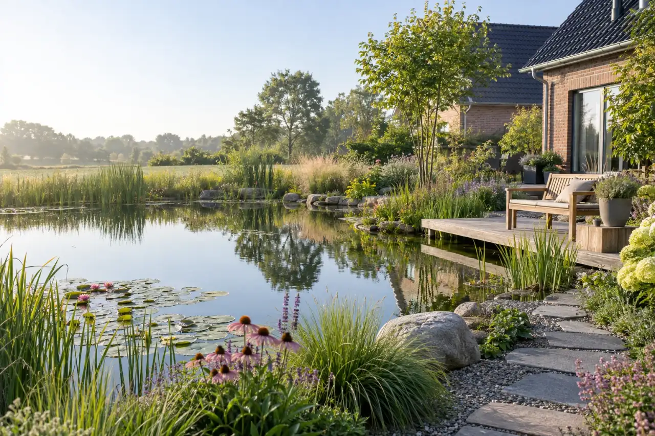 Ruhiger Wassergarten mit Spiegelteich, bepflanztem Ufer und Holzsitzplatz an einem deutschen Wohnhaus