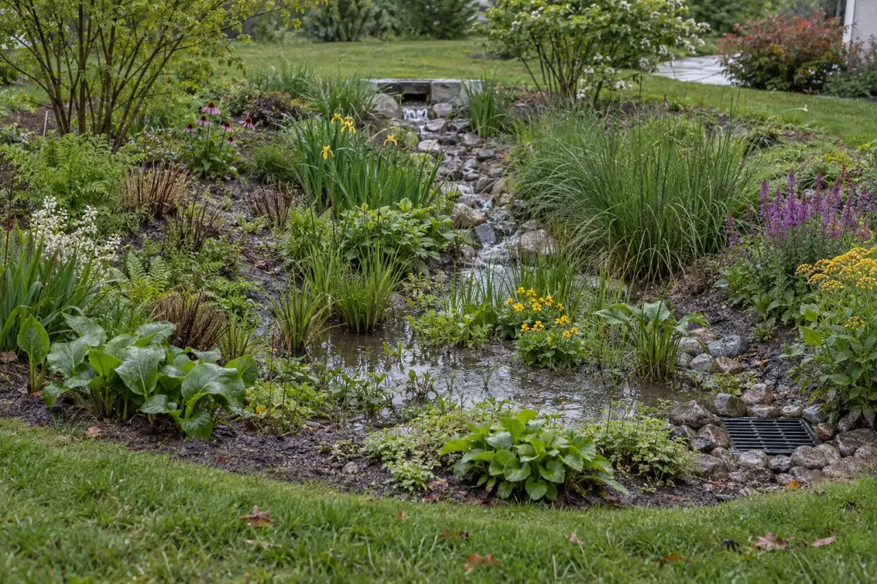 Flache bepflanzte Regensenke mit sichtbarem Zulauf nach einem Regenschauer