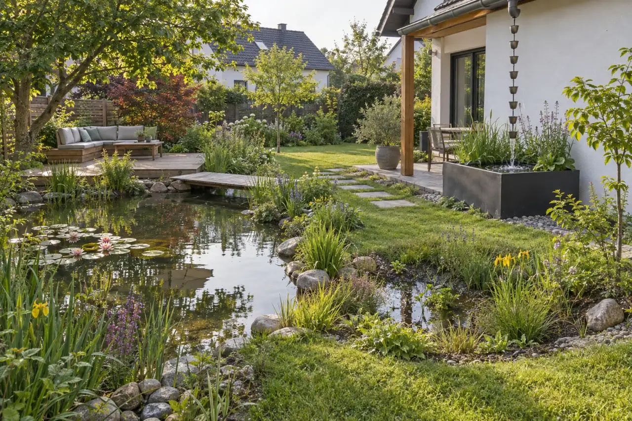 Gesamtansicht eines Wassergartens mit Spiegelteich, Regensenke, Wassergefäß, Steg, Sitzplatz und sichtbarem Zulauf