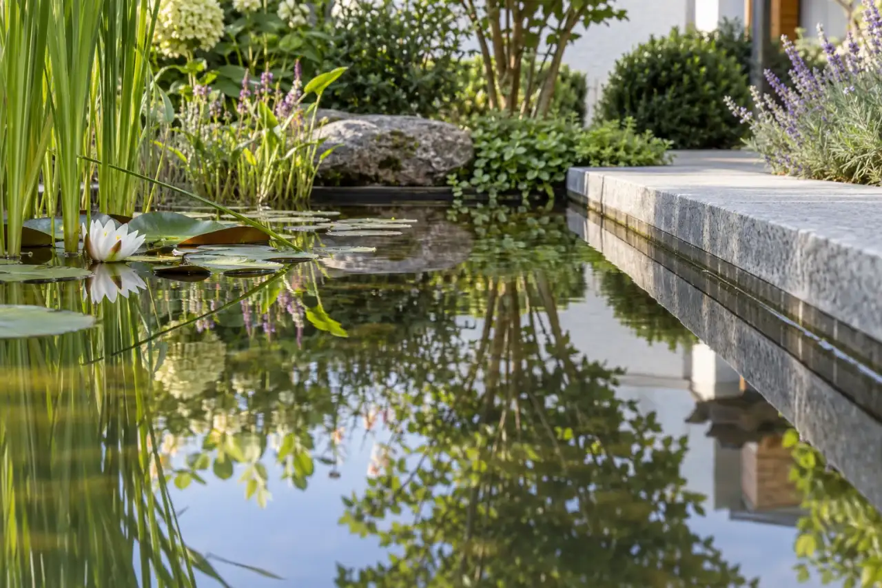 Kleine spiegelnde Wasserfläche mit bepflanztem und gut erreichbarem Rand