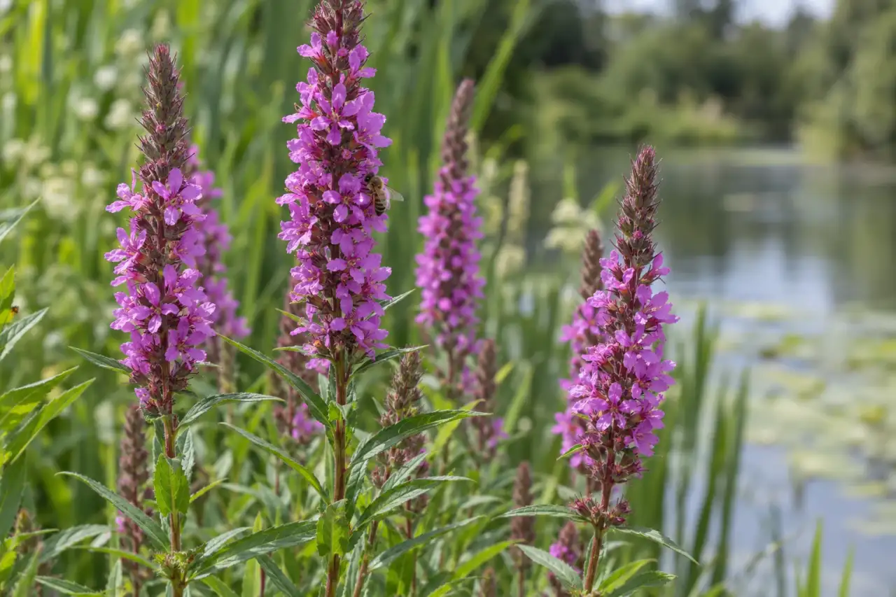 Blühender Blutweiderich mit aufrechten violetten Blütenständen am feuchten Ufer