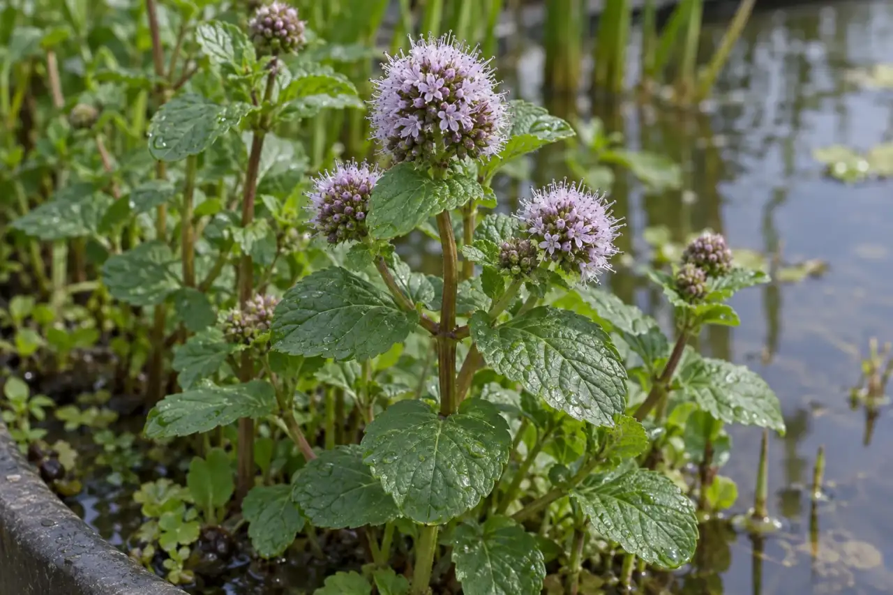 Wasserminze mit Blättern und Blüten an einem gut erreichbaren feuchten Rand