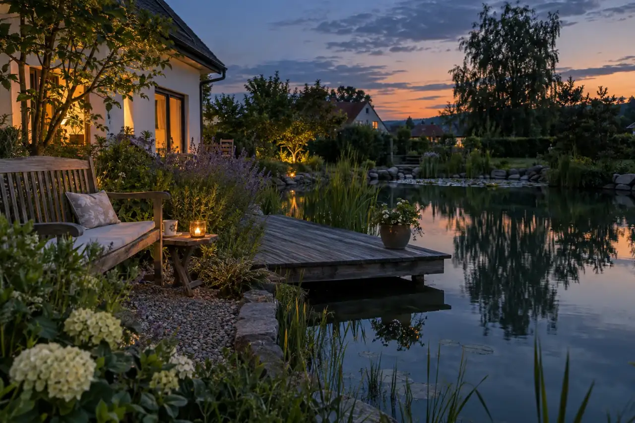 Bewohnter Lieblingsplatz mit Sitzbank und Holzpodest am Wasser in ruhiger Abendstimmung