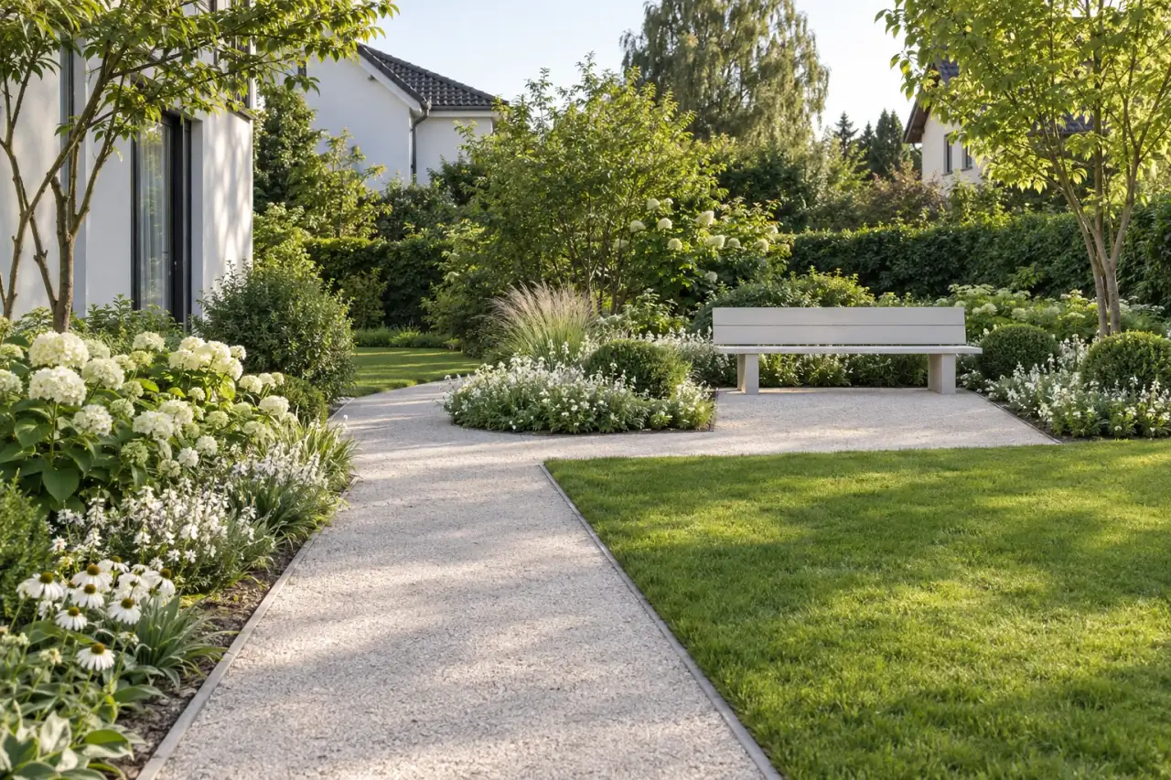 Klarer heller Gartenweg führt zu einem schlicht gefassten Sitzplatz