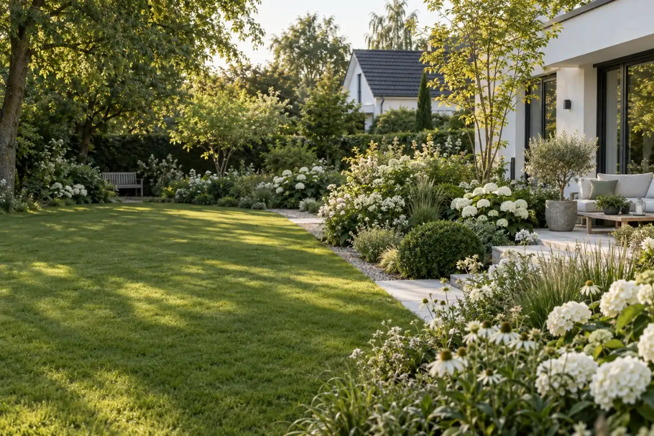 Einladender weißer Garten mit Blütenbeeten, dunklem Grün, hellem Weg und Sitzplatz