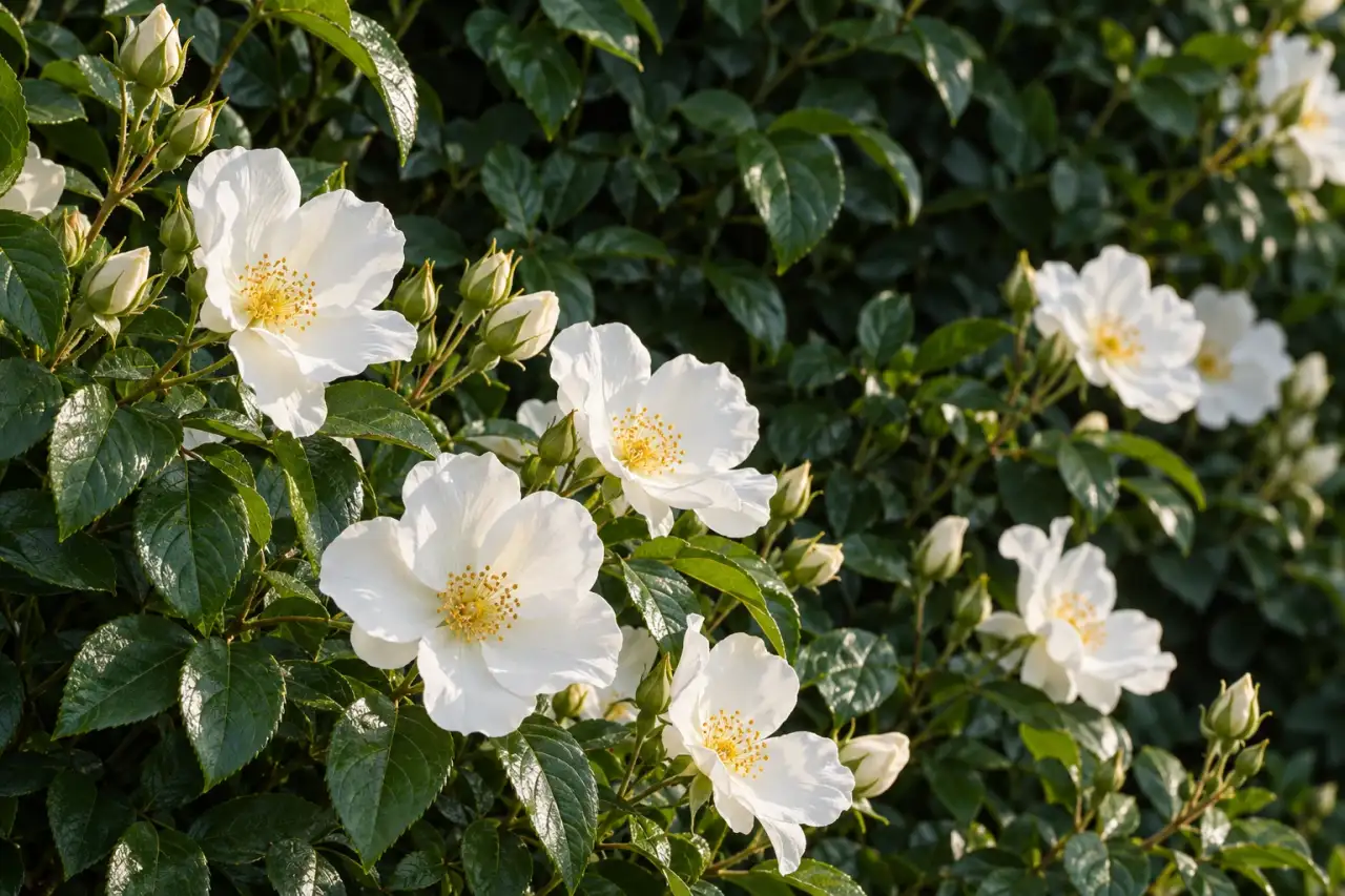 Dunkelgrüne Hecke als ruhiger Hintergrund für weiße Blüten