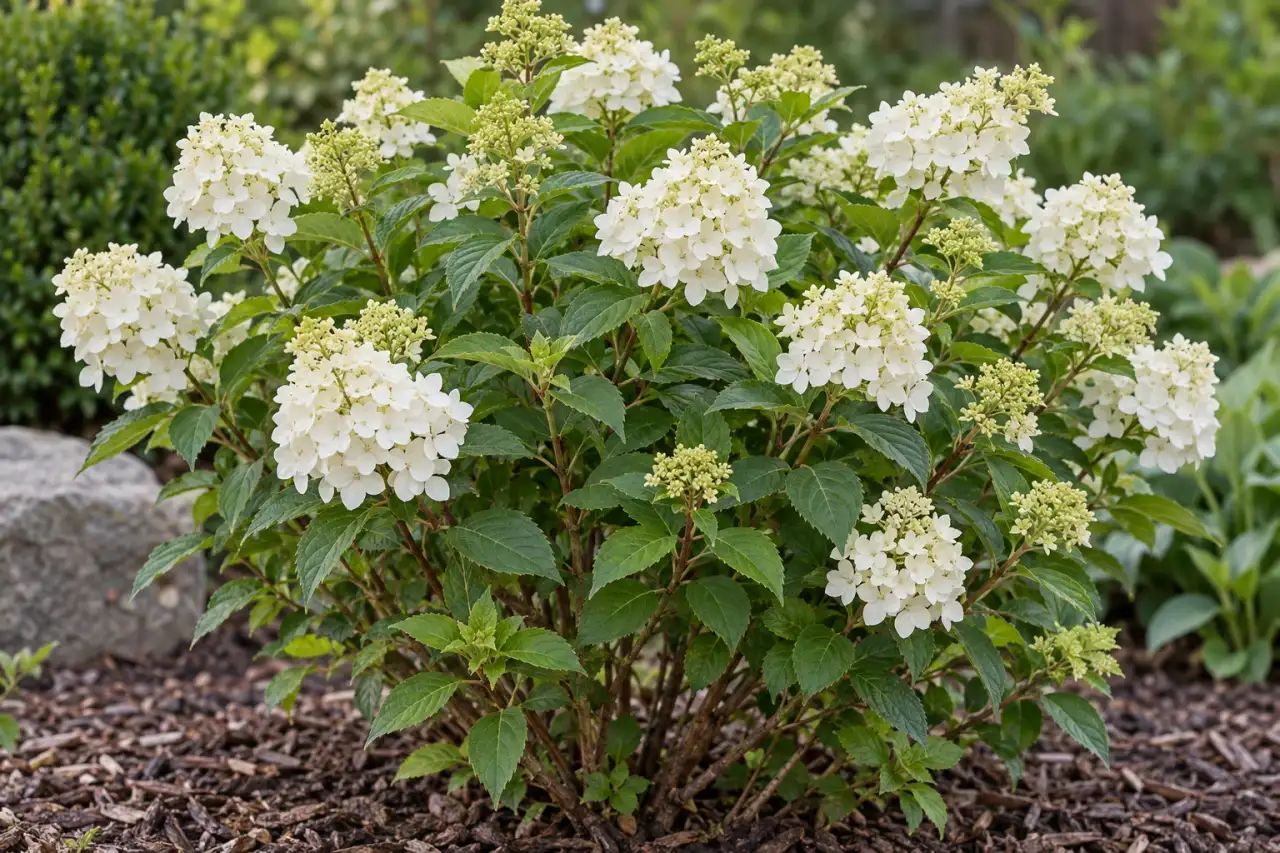 Kompakt wachsendes Gehölz mit heller Blüte und dichtem grünem Laub