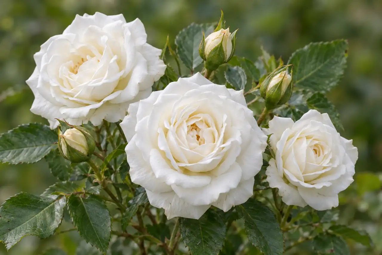 Weiße Rosenblüten mit Knospen und grünem Laub