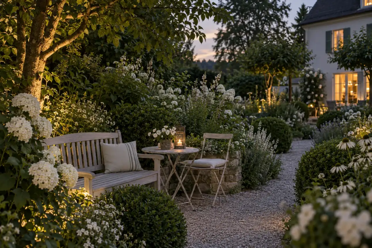 Ruhiger Lieblingsplatz zwischen weißen Blüten in der Abendstimmung