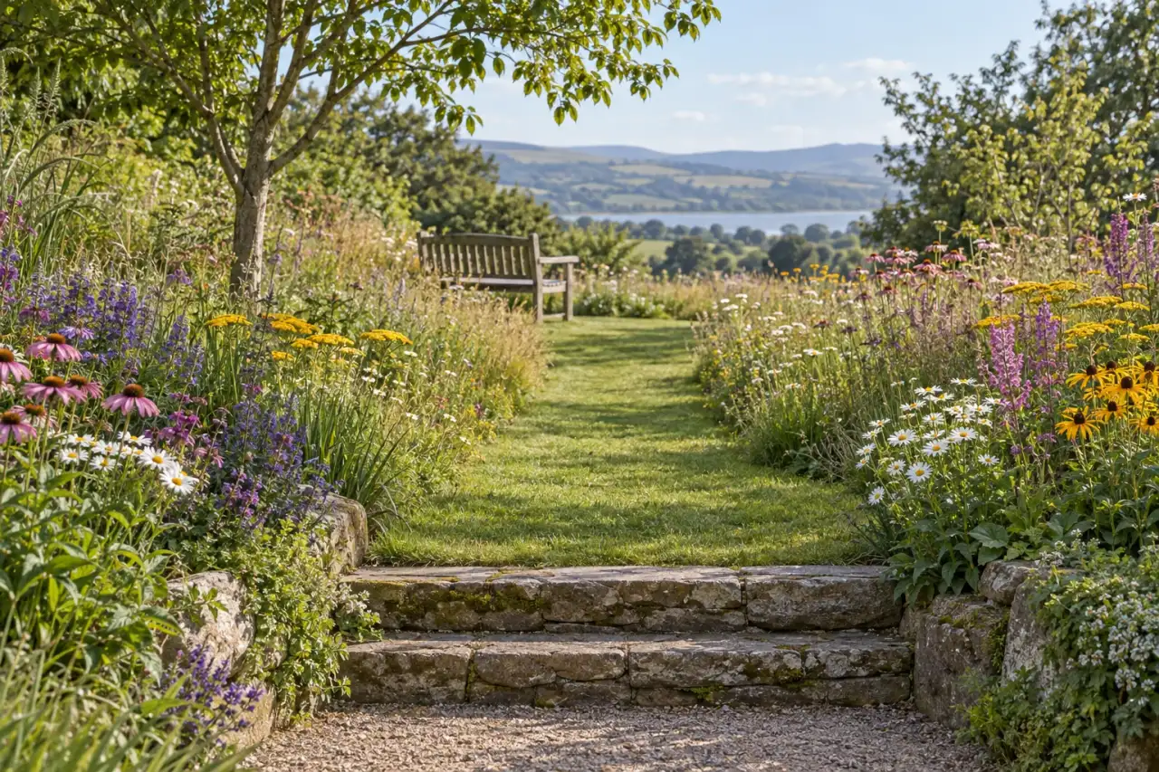 Gemähter Weg mit freier Blickachse zu einer Holzbank zwischen Blüten