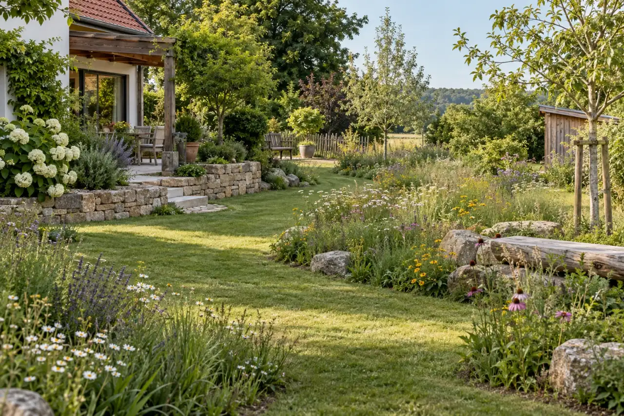 Vorhandenes Grün und neue Blütenflächen verbunden durch Weg und Naturmaterialien
