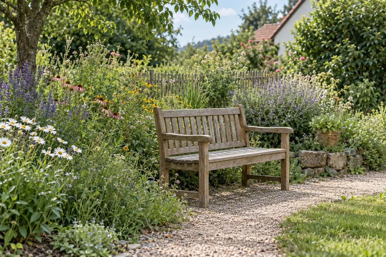Schlichte Holzbank am Rand einer lockeren Wildblumenpflanzung