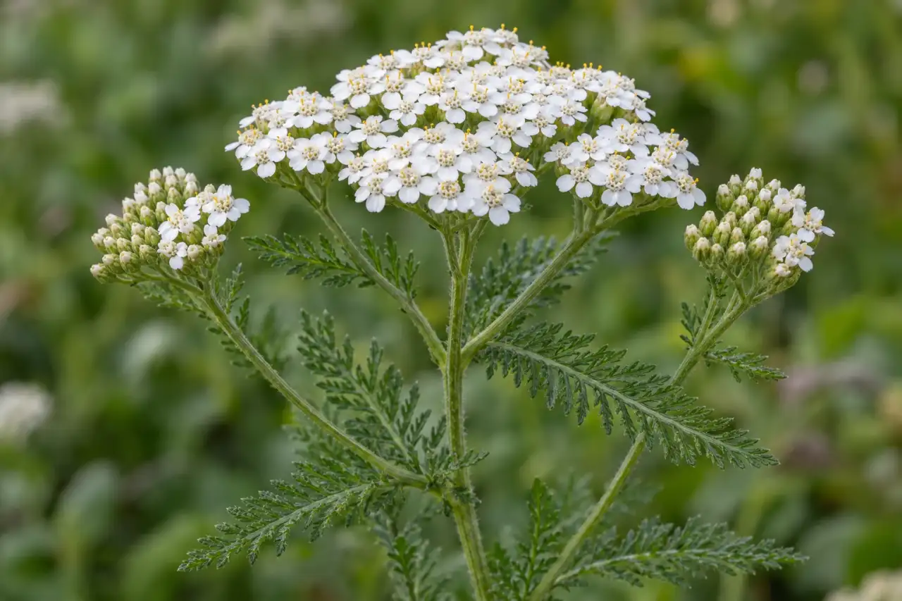 Gewöhnliche Schafgarbe mit weißen Blütendolden im Detail