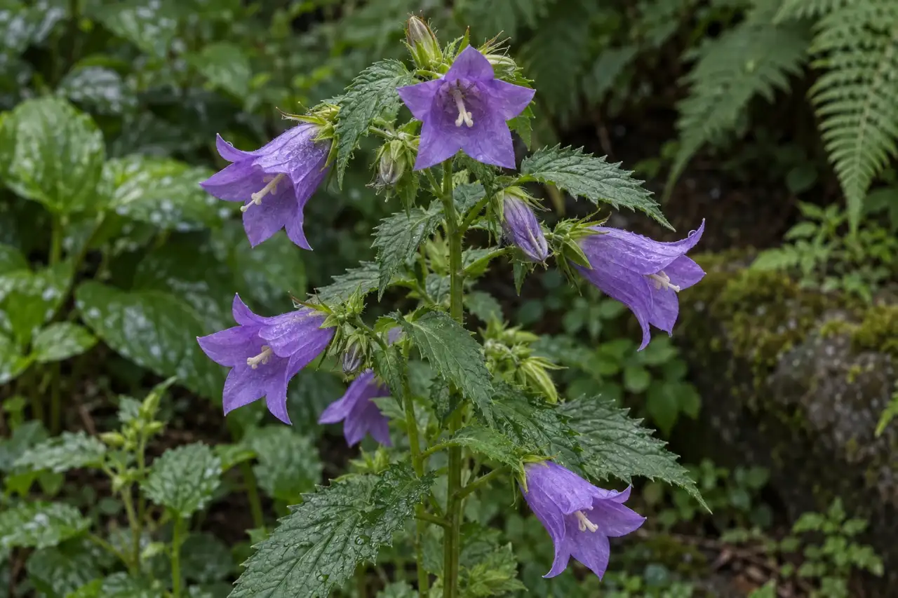 Nesselblättrige Glockenblume mit violetten Glockenblüten im Schatten