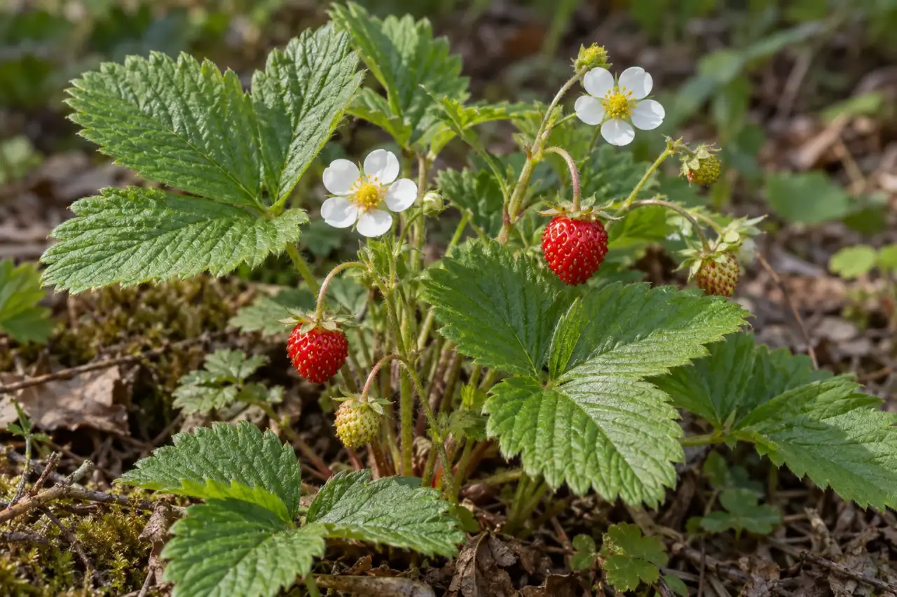 Walderdbeere mit Blättern, weißen Blüten und kleinen Früchten