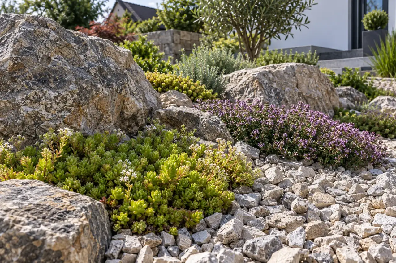 Rauer Naturstein kontrastiert mit Sedum und grünem Thymian