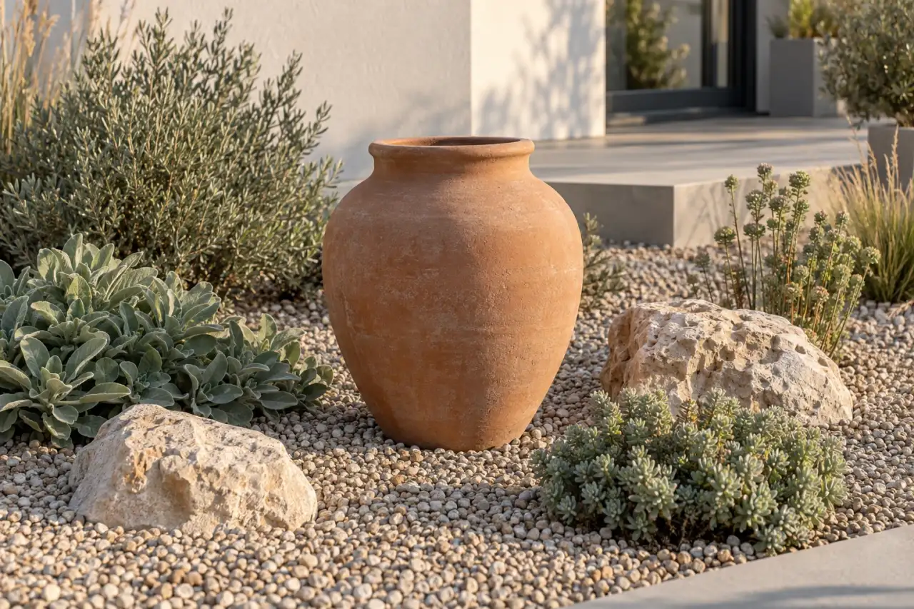 Sandbeige Fläche, Kalkstein, Terrakotta und salbeigrünes Laub im Sonnenlicht