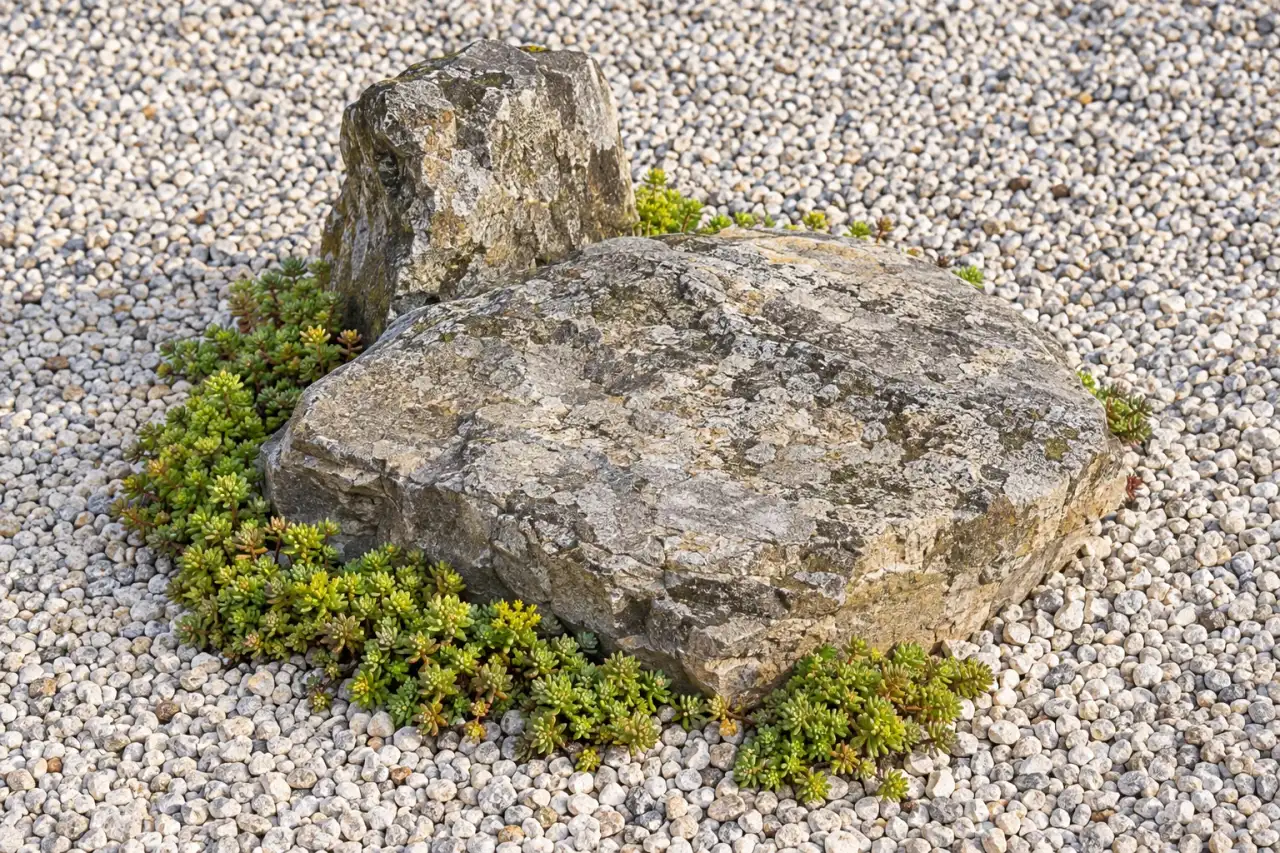 Markante regionale Natursteine zwischen niedriger Bepflanzung