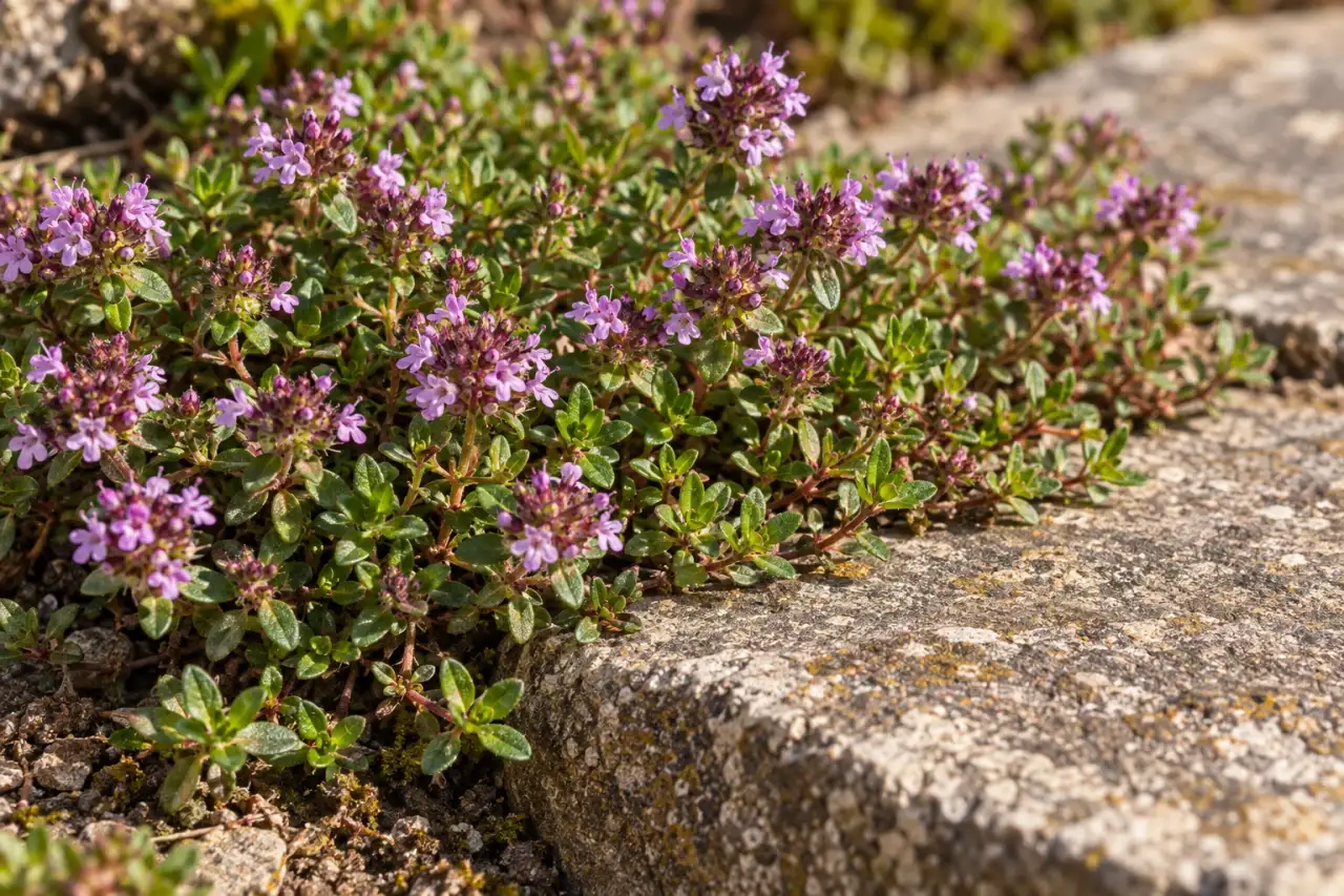 Flach wachsender Sand-Thymian an einer Trittplatte