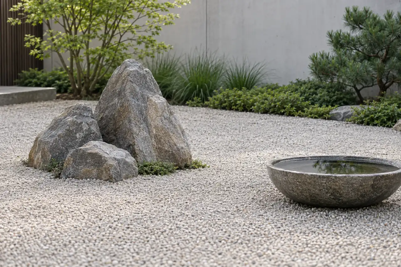 Reduzierte Gartenszene aus Kies, Steinen, Steinschale und wenig Grün
