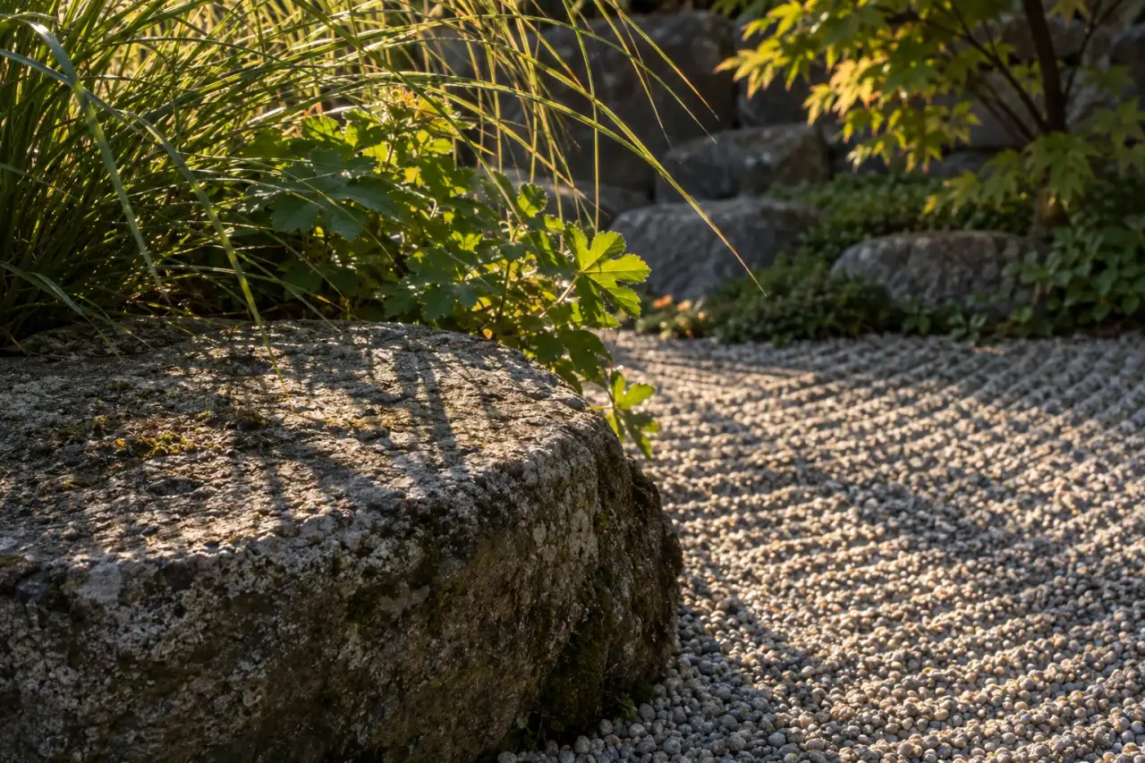 Seitliches Licht und Pflanzenschatten auf Kies und Naturstein