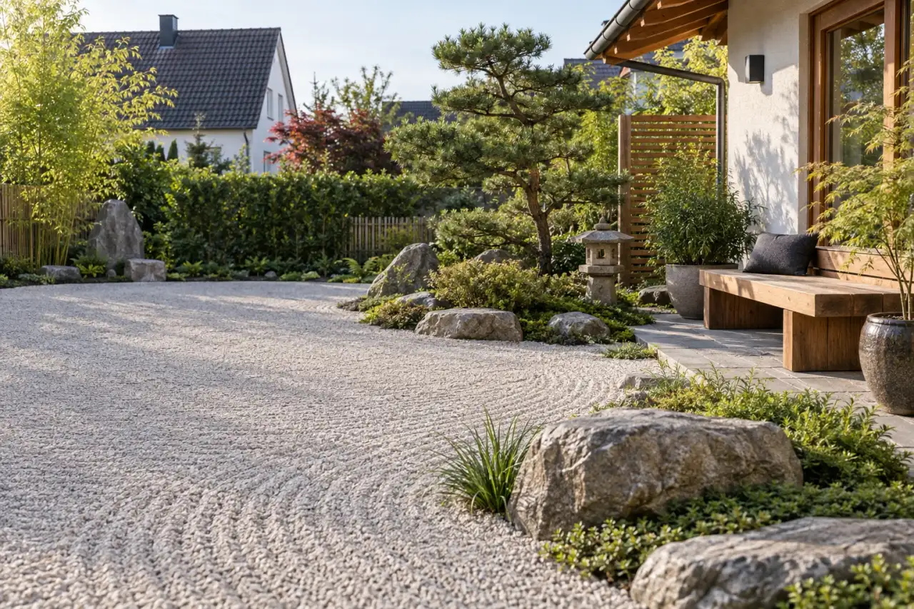 Weiträumiger Zen-Garten mit Kiesfläche, Natursteinen, ruhigem Grün und Holzbank