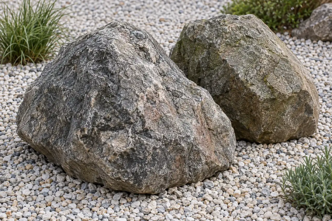 Zwei große Natursteine mit rauen, verwitterten Oberflächen