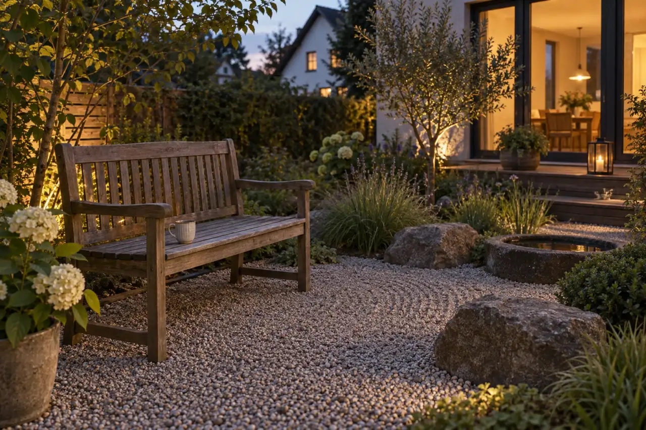 Bewohnter Lieblingsplatz mit Holzbank, Kies und Natursteinen am Abend