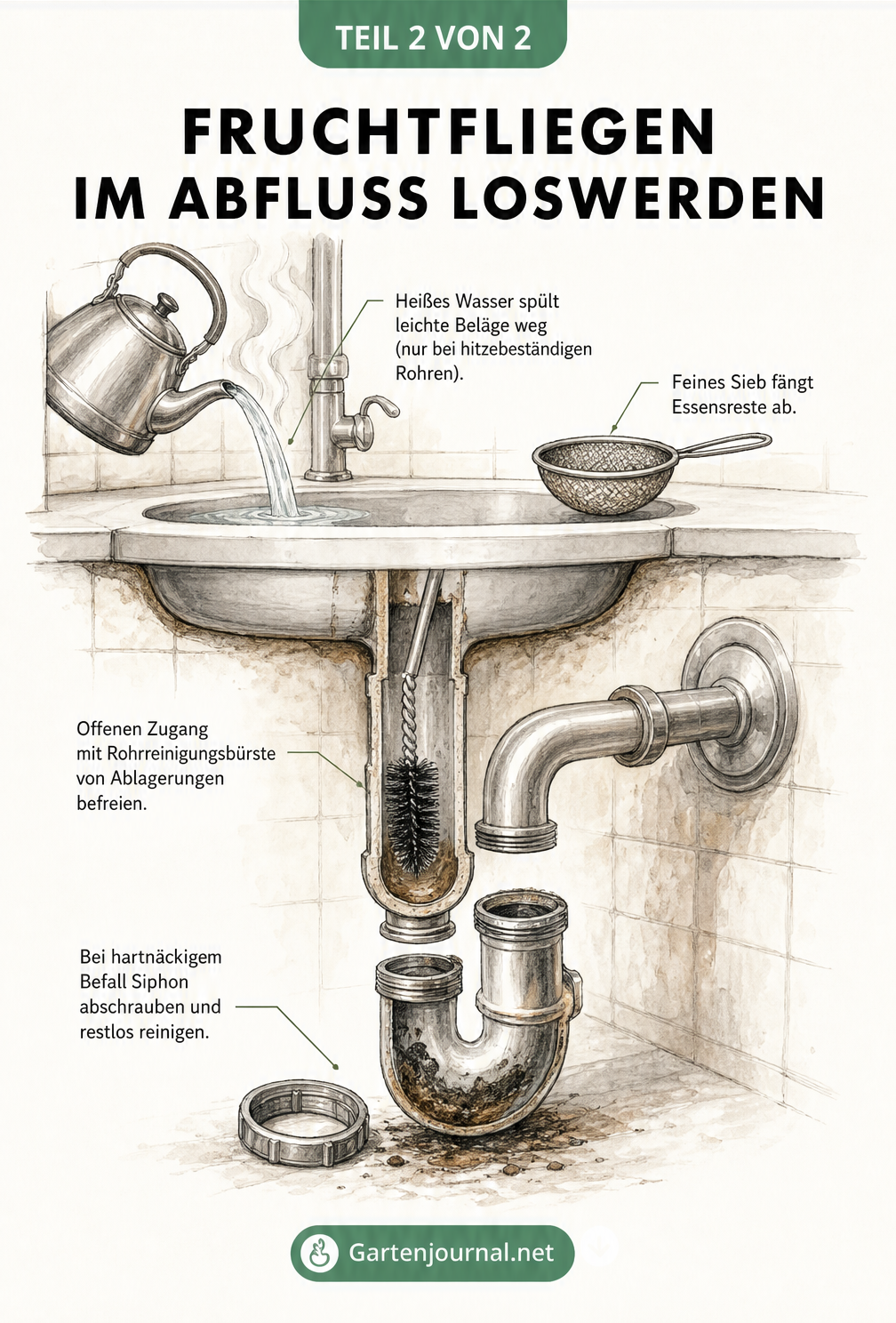 Querschnitt eines Waschbeckens mit Siphon, der die Reinigung mit heißem Wasser, Sieb und Rohrreinigungsbürste zeigt
