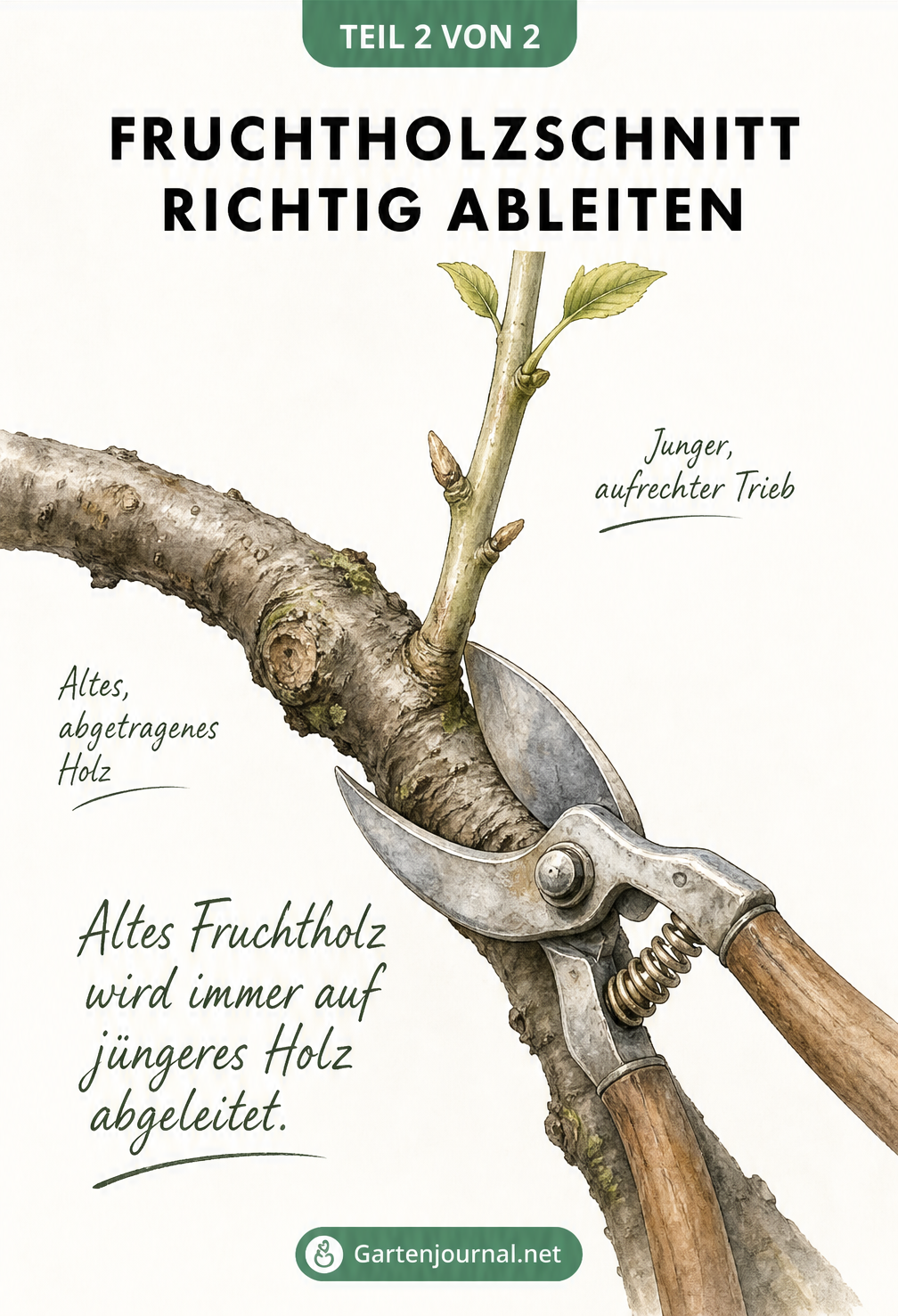 Zeichnung eines Ableitungsschnitts mit einer Gartenschere, die altes Fruchtholz über einem jungen, aufrechten Trieb abschneidet