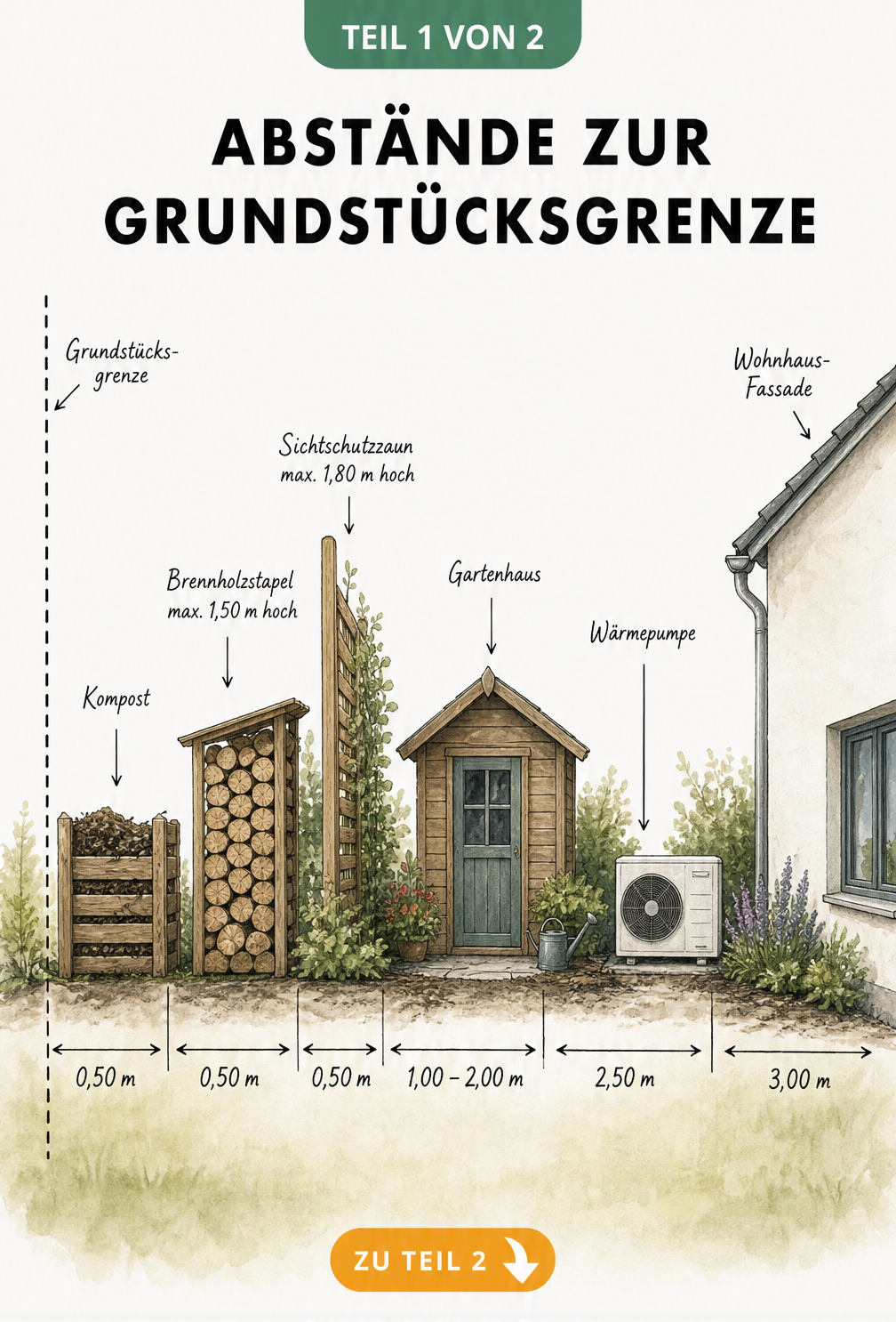 Querschnitt eines Gartens mit Maßangaben für Abstände von Kompost, Zaun, Gartenhaus, Wärmepumpe und Wohnhaus zur Grundstücksgrenze