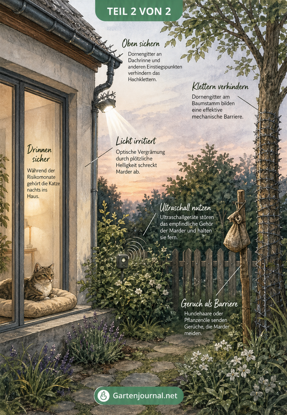 Schnittgrafik eines Hauses mit Garten, die Abwehrmaßnahmen gegen Marder zeigt