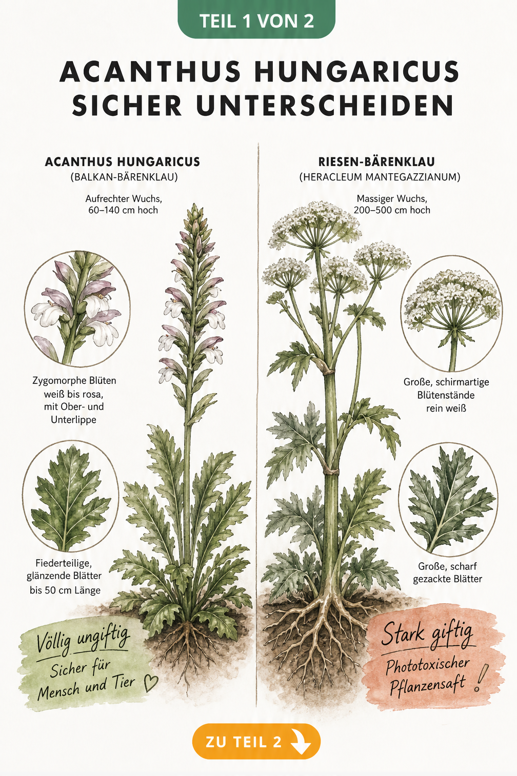 Botanische Gegenüberstellung von Acanthus hungaricus und Riesen-Bärenklau mit Fokus auf Blüten und Blätter
