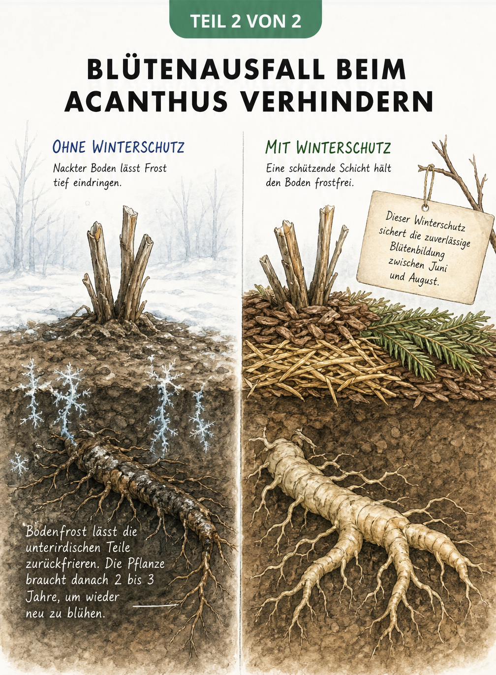 Vergleich von Acanthus-Rhizomen im Winter: ungeschützt mit Frostschäden und geschützt mit Mulchschicht