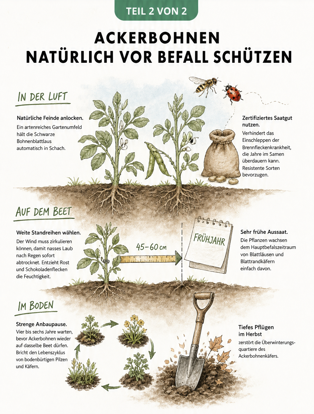 Querschnitt eines Gartenbeets mit Ackerbohnenpflanzen und Tipps zur Vorbeugung von Krankheiten