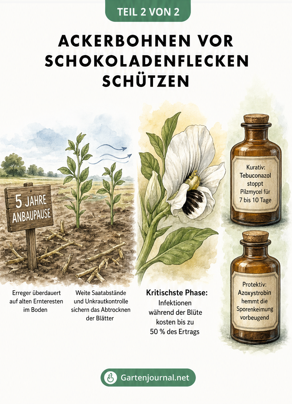Illustration von Ackerbohnen auf dem Feld mit Hinweisen zu Anbaupause, Pflanzabstand und chemischem Pflanzenschutz