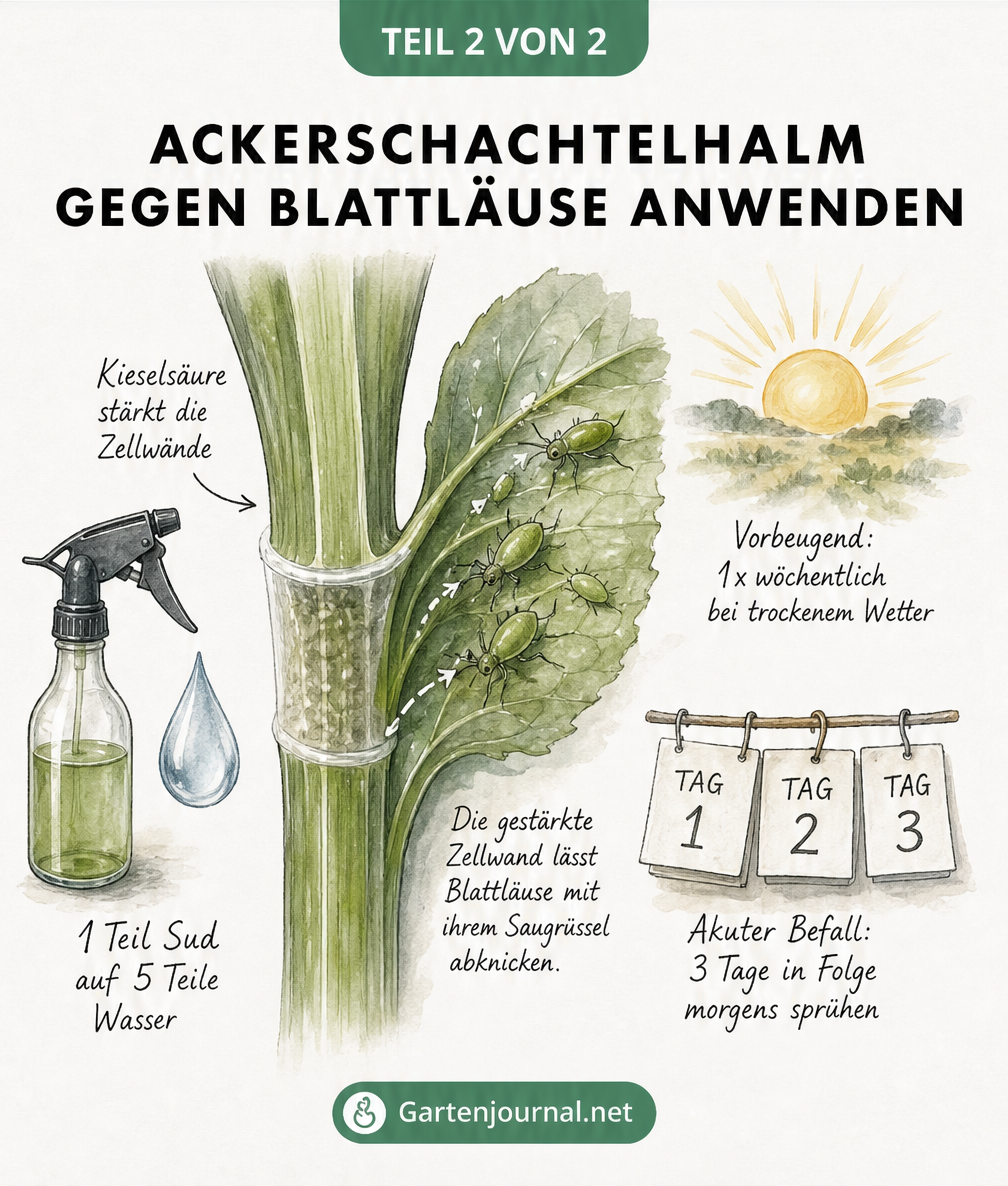 Grafik zur Anwendung von Ackerschachtelhalm-Sud gegen Blattläuse mit Mischverhältnis und Rhythmus