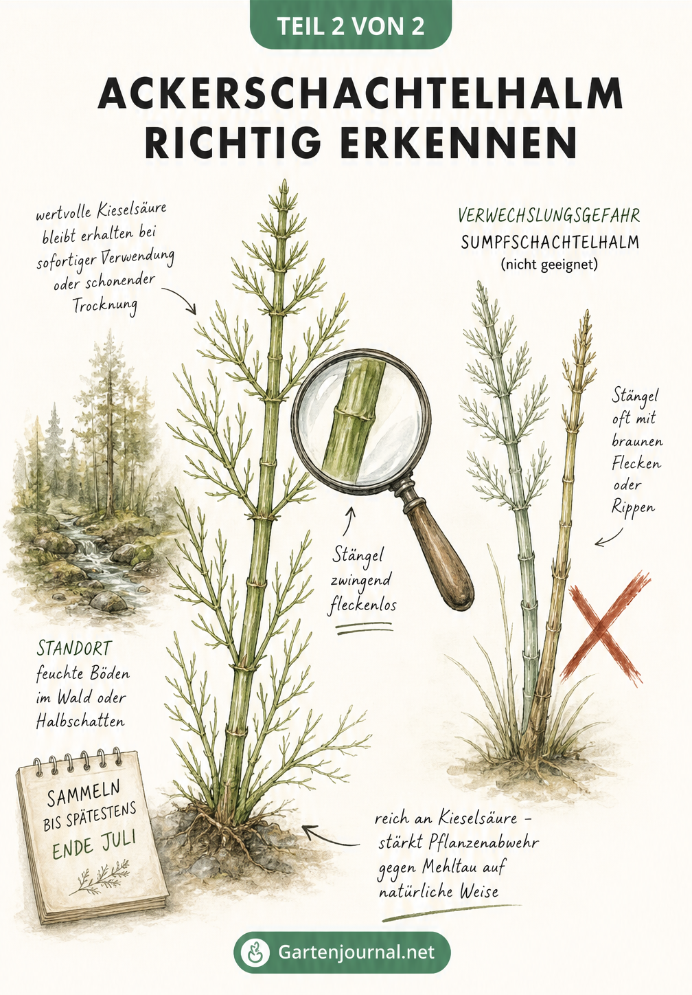 Botanische Zeichnung von Ackerschachtelhalm zur Erkennung und Unterscheidung vom giftigen Sumpfschachtelhalm
