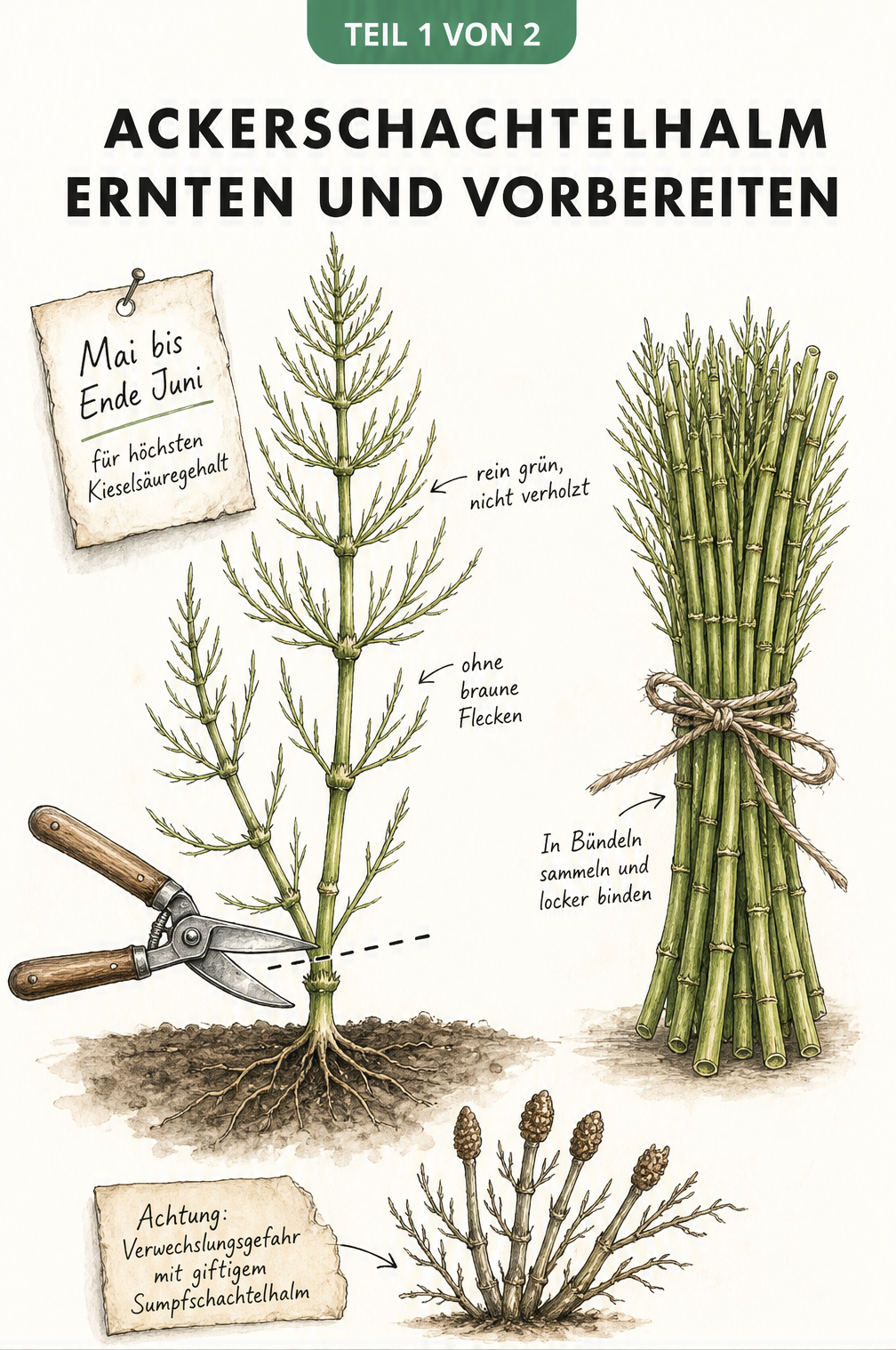 Botanische Illustration von Ackerschachtelhalm mit Hinweisen zu Erntezeit, Schnittpunkt und Bündelung
